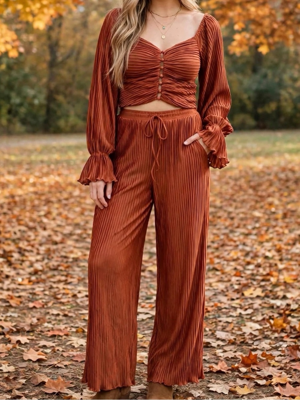 AVE Concepts Rust/Terracotta Off-Shoulder Pleated Set